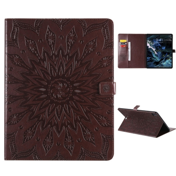 For iPad Pro 12.9 (2020)  & Pro 12.9 (2018) Pressed Printing Sunflower Pattern Horizontal Flip PU Leather Tablet Case with Holder & Card Slots & Wallet(Brown)