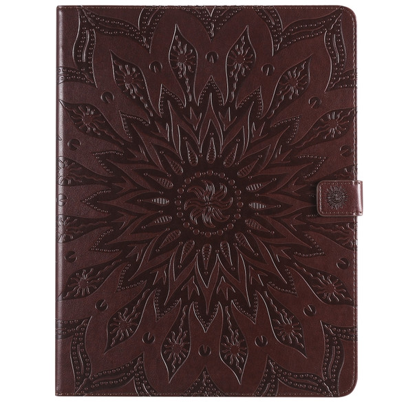 For iPad Pro 12.9 (2020)  & Pro 12.9 (2018) Pressed Printing Sunflower Pattern Horizontal Flip PU Leather Tablet Case with Holder & Card Slots & Wallet(Brown)