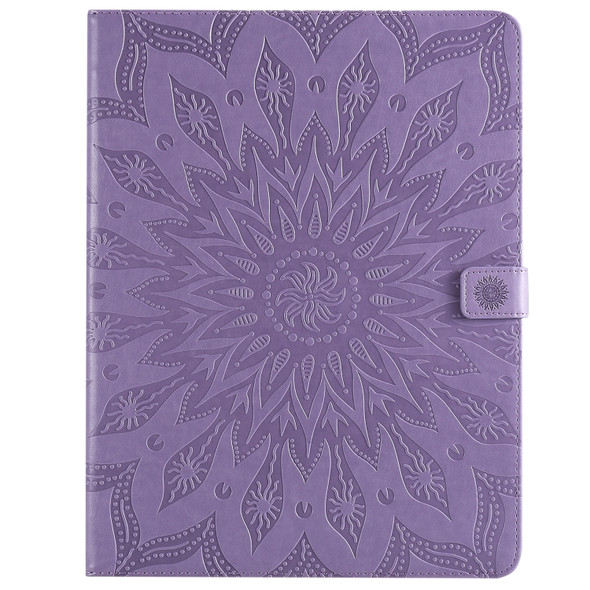 For iPad Pro 12.9 (2020) & Pro 12.9 (2018) Pressed Printing Sunflower Pattern Horizontal Flip PU Leather Tablet Case with Holder & Card Slots & Wallet(Purple)