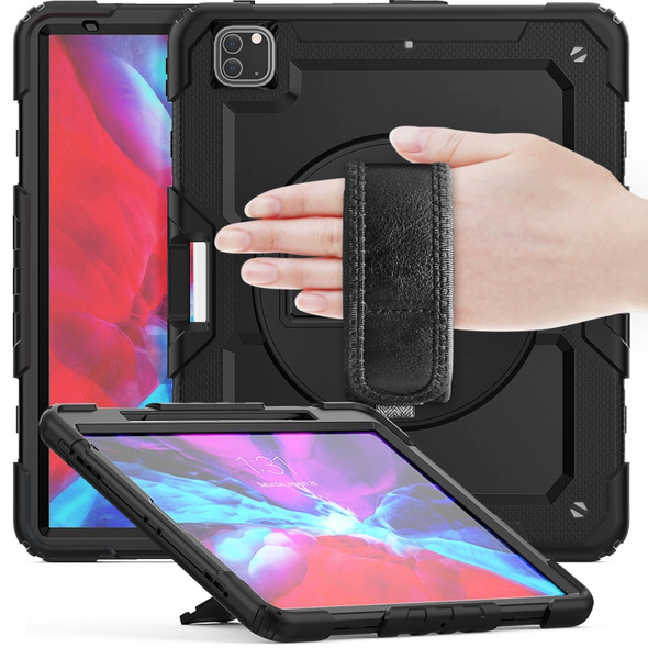 For iPad Pro 12.9 (2020) Shockproof Colorful Silicone + PC Protective Tablet Case with Holder & Shoulder Strap & Hand Strap & Pen Slot(Black)