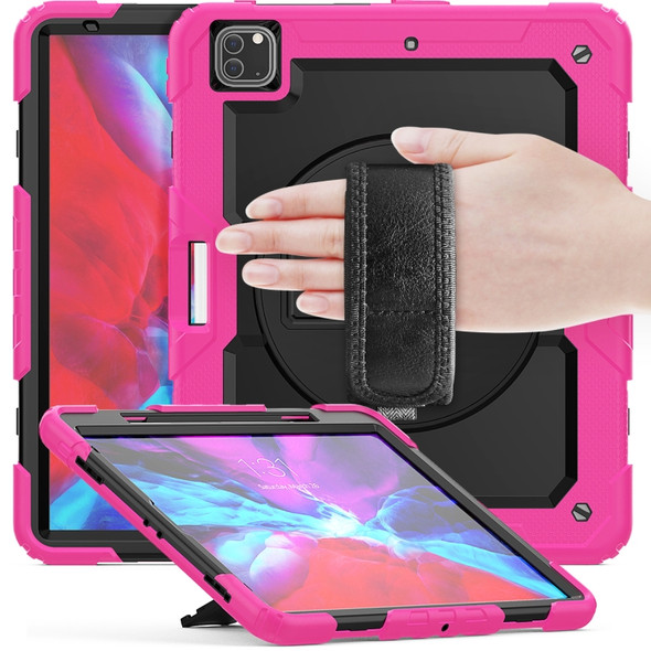 For iPad Pro 12.9 (2020) Shockproof Colorful Silicone + PC Protective Tablet Case with Holder & Shoulder Strap & Hand Strap & Pen Slot(Rose Red)