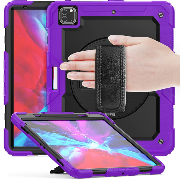 For iPad Pro 12.9 (2020) Shockproof Colorful Silicone + PC Protective Tablet Case with Holder & Shoulder Strap & Hand Strap & Pen Slot(Purple)