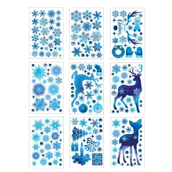 2 Sets Christmas Blue Three-Dimensional Snowflake Elk Electrostatic Window Stickers Window Glass Christmas Decoration(20x30cm)