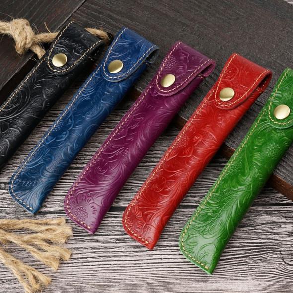 Pen Bag Personality Retro Pure Handmade First Layer Leather Pen Case Protective Cover(Carved Skin Red)