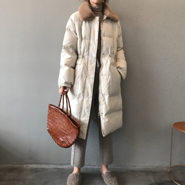 Rabbit Fur Collar Waist Long Over-knee Down Padded Jacket Warm Cotton Jacket (Color:Beige Size:L)