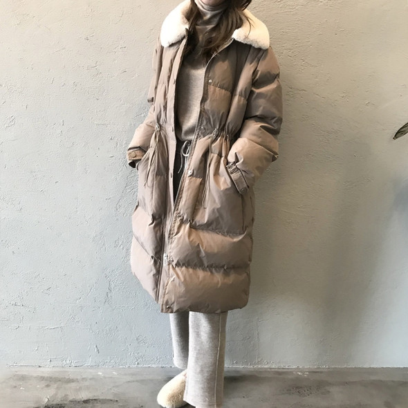 Rabbit Fur Collar Waist Long Over-knee Down Padded Jacket Warm Cotton Jacket (Color:Lotus Size:M)