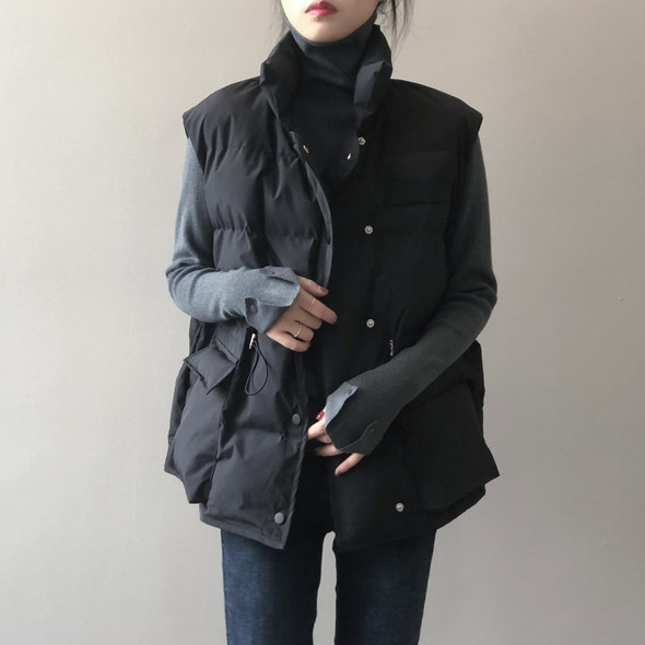 Fleece Cotton Vest Loose Stand-up Collar Waist Padded Vest Jacket (Color:Black Size:M)