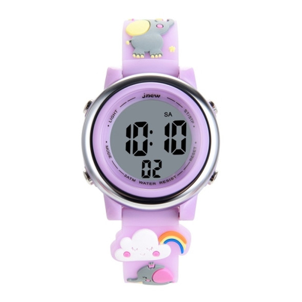 JNEW A380-86664 Children Cartoon 3D Happy Small Elephant Alarm Waterproof Sports LED Digital Watch(Light Purple)