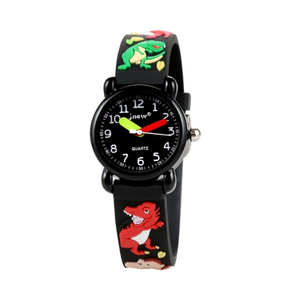JNEW A335-86172 Children Cute Cartoon 3D Dinosaur Waterproof Silicone Strap Quartz Watch( Rubber Shell Black)