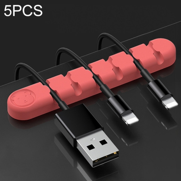 5 PCS 6 Holes Bear Silicone Desktop Data Cable Organizing And Fixing Device(Camellia Red)