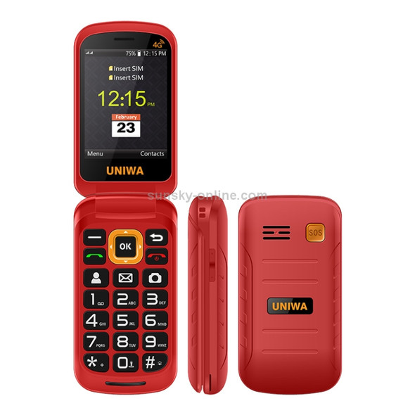 UNIWA V909T Flip Phone, 2.8 inch + 1.77 inch, UNISOC Tiger T107, Support Bluetooth, FM, Network: 4G, Dual SIM, SOS, with Charge Dock Base (Red)