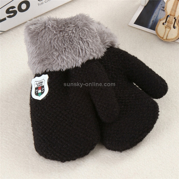 Winter Solid Color Label Knitted Plus Velvet Warm Mittens Children Gloves with Lanyard, Size:13 x 6cm(Black)