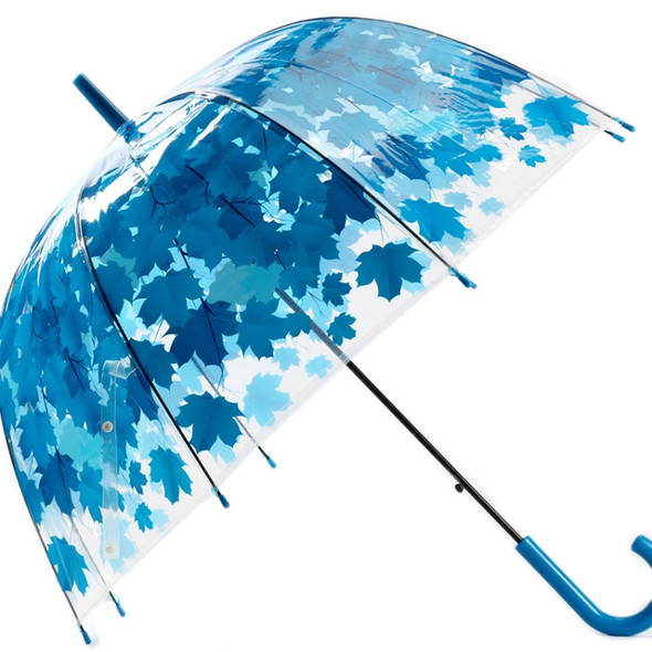 Green Leaf Transparent Umbrella Straight Rod Crooked Umbrella(Blue)