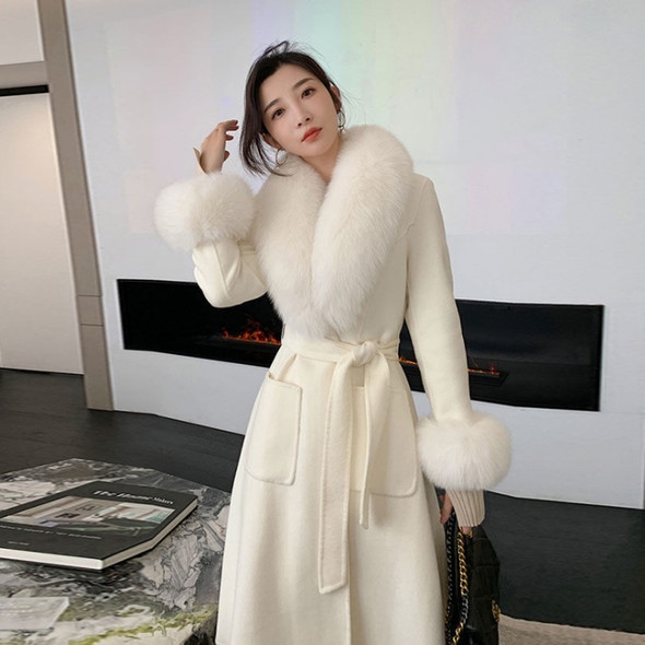 Autumn And Winter Solid Color Large Fur Collar Slim Mid-length Woolen Coat With Large Pockets for Women (Color:White Size:L)