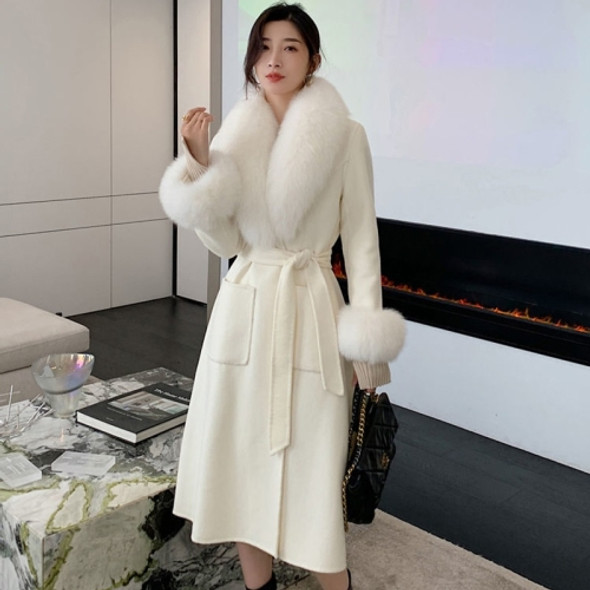 Autumn And Winter Solid Color Large Fur Collar Slim Mid-length Woolen Coat With Large Pockets for Women (Color:White Size:L)