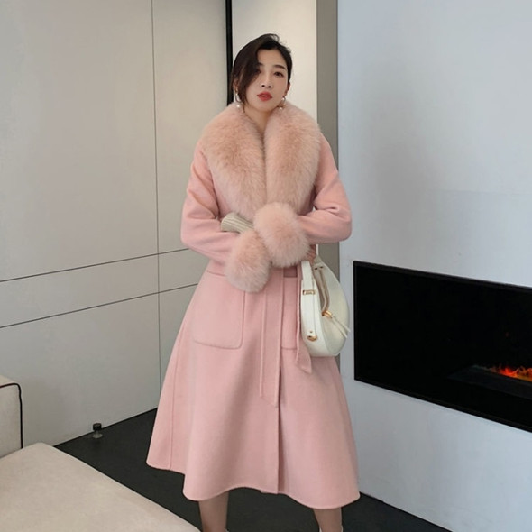 Autumn And Winter Solid Color Large Fur Collar Slim Mid-length Woolen Coat With Large Pockets for Women (Color:Pink Size:XL)