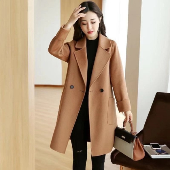 Solid Color Suit Collar Large Pocket Mid-length Woolen Coat for Women (Color:Camel Size:XL)