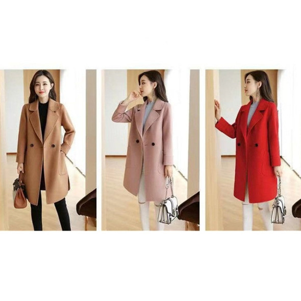 Solid Color Suit Collar Large Pocket Mid-length Woolen Coat for Women (Color:Red Size:XL)