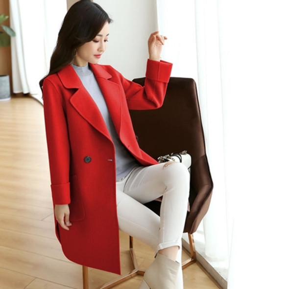 Solid Color Suit Collar Large Pocket Mid-length Woolen Coat for Women (Color:Red Size:M)