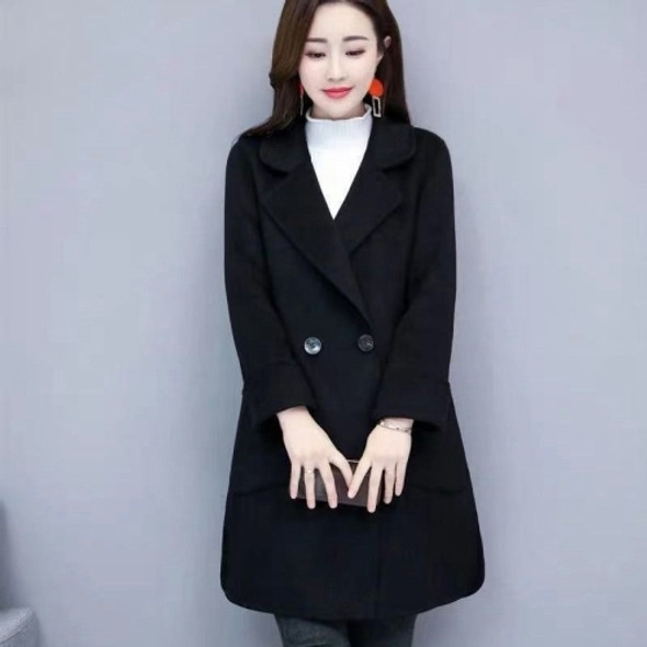 Solid Color Suit Collar Large Pocket Mid-length Woolen Coat for Women (Color:Black Size:L)
