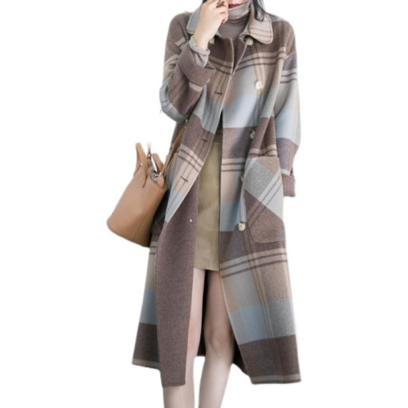 Winter Double-breasted Large Pockets Loose Mid-length Plaid Woolen Coat for Ladies (Color:As The Picture Shows Size:XXL)