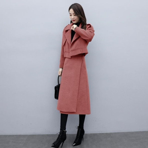 Winter Dual-wear Solid Color Lapel Splittable Mid-length Woolen Coat for Ladies (Color:Watermelon Red Size:XL)