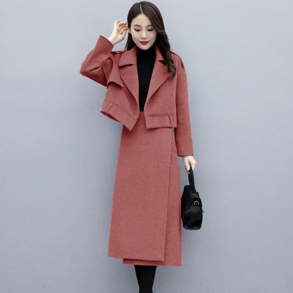 Winter Dual-wear Solid Color Lapel Splittable Mid-length Woolen Coat for Ladies (Color:Watermelon Red Size:M)