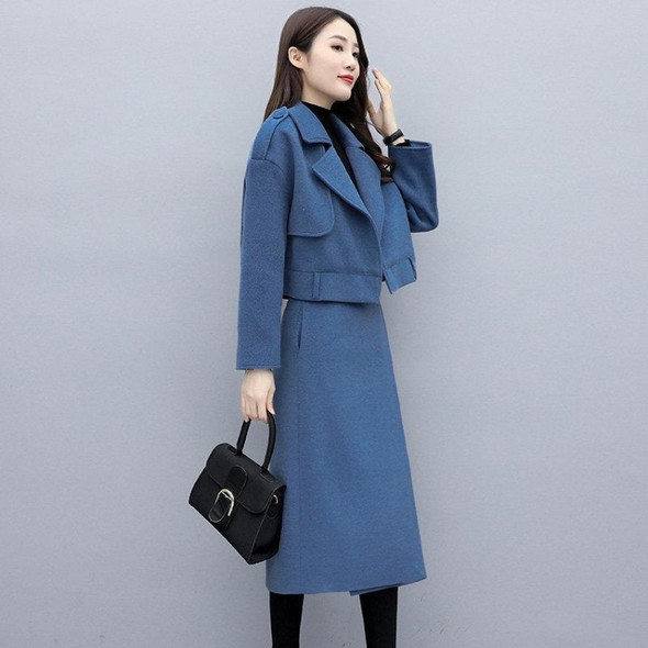 Winter Dual-wear Solid Color Lapel Splittable Mid-length Woolen Coat for Ladies (Color:Navy Blue Size:XL)