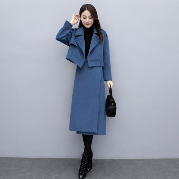 Winter Dual-wear Solid Color Lapel Splittable Mid-length Woolen Coat for Ladies (Color:Navy Blue Size:M)