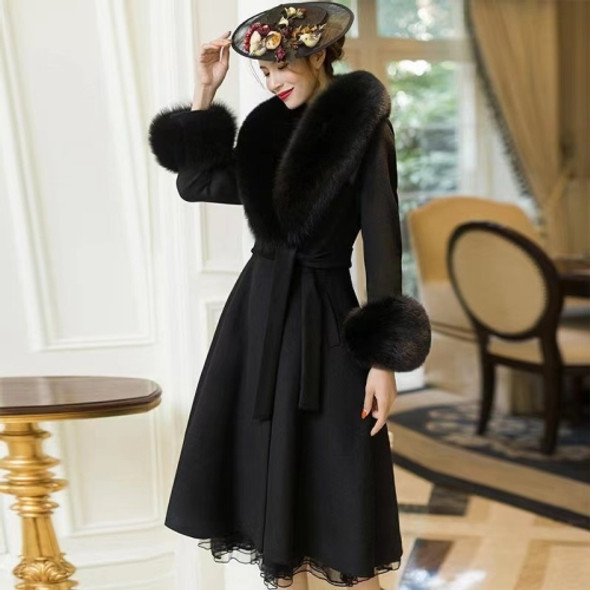 Winter British Style Large Fur Collar Slim Mid-length Woolen Coat for Ladies (Color:Black Size:XL)