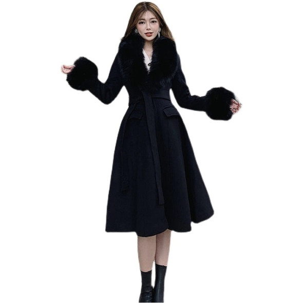 Winter British Style Large Fur Collar Slim Mid-length Woolen Coat for Ladies (Color:Black Size:L)