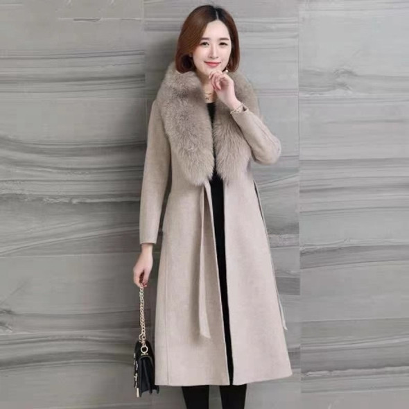 Winter Solid Color Large Fur Collar Plus Cotton Thicken Slim Mid-length Woolen Coat For Ladies (Color:Khaki Size:L)