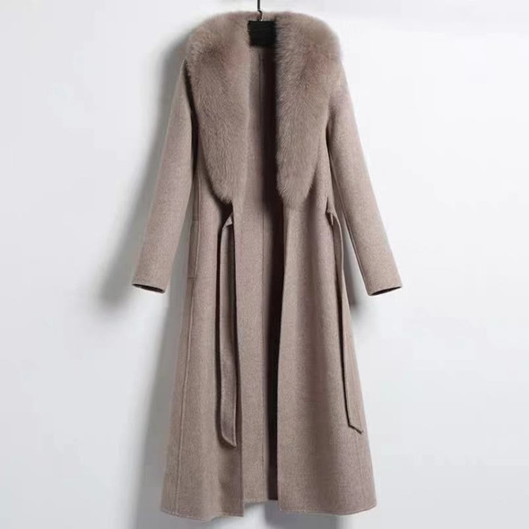 Winter Solid Color Large Fur Collar Plus Cotton Thicken Slim Mid-length Woolen Coat For Ladies (Color:Khaki Size:L)