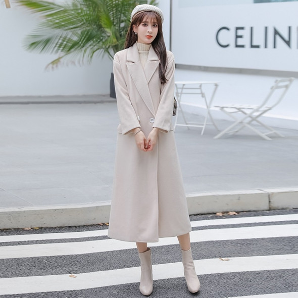 Autumn And Winter Solid Color Mid-length Loose Woolen Coat For Ladies (Khaki)