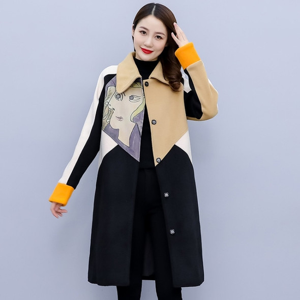 Autumn And Winter Beauty Figure Printing Color-blocking Double-sided Cashmere Coat Mid-length Woolen Coat for Ladies (Color:Black Size:XL)