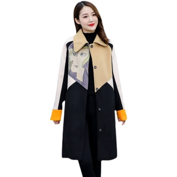 Autumn And Winter Beauty Figure Printing Color-blocking Double-sided Cashmere Coat Mid-length Woolen Coat for Ladies (Color:Black Size:M)