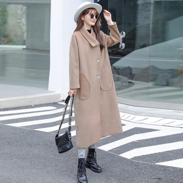 Solid Color French Retro Style Loose Slimming Mid-length Woolen Coat For Ladies (Color:Khaki Size:L)