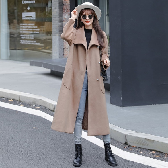 Solid Color French Retro Style Loose Slimming Mid-length Woolen Coat For Ladies (Color:Khaki Size:M)