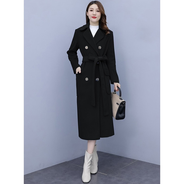 Autumn And Winter Solid Color Mid-length Over-the-knee Woolen Coat For Ladies (Color:Black Size:Free Size)