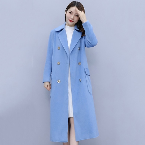 Autumn And Winter Solid Color Mid-length Over-the-knee Woolen Coat For Ladies (Color:Lake Blue Size:Free Size)