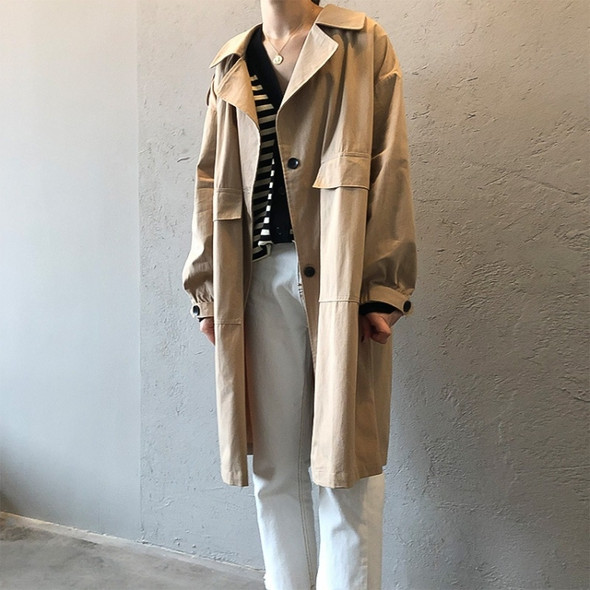 Ladies Mid-length Solid Color Long-sleeved Trench Coat (Color:Khaki Size:S)