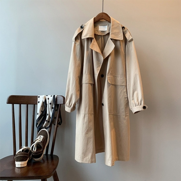 Ladies Mid-length Solid Color Long-sleeved Trench Coat (Color:Khaki Size:XS)