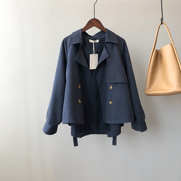 Ladies Retro Short Loose Windbreaker Jacket (Color:Navy Blue Size:M)
