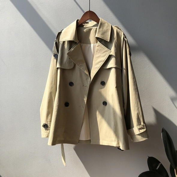 Ladies Short British Style Loose Solid Color Long-sleeved Windbreaker Jacket (Color:Khaki Size:L)