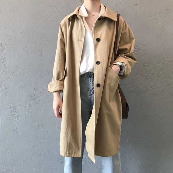 Ladies Mid-length Loose Long-sleeved Tooling Windbreaker Jacket (Color:Khaki Size:S)