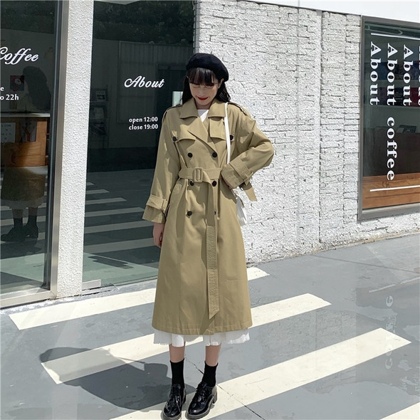 Ladies Double-breasted British Style Mid-length Trench Coat (Color:Khaki Size:S)