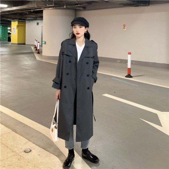 Ladies Double-breasted British Style Mid-length Trench Coat (Color:Black Size:S)