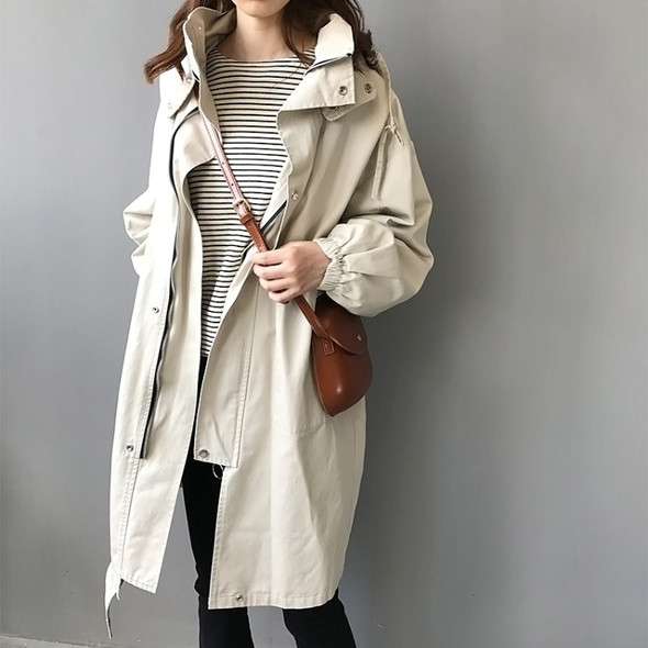 Ladies Mid-length Casual Hooded Windbreaker Jacket (Color:Beige Size:L)