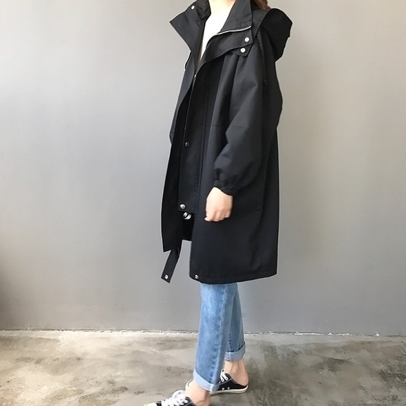 Ladies Mid-length Casual Hooded Windbreaker Jacket (Color:Black Size:M)