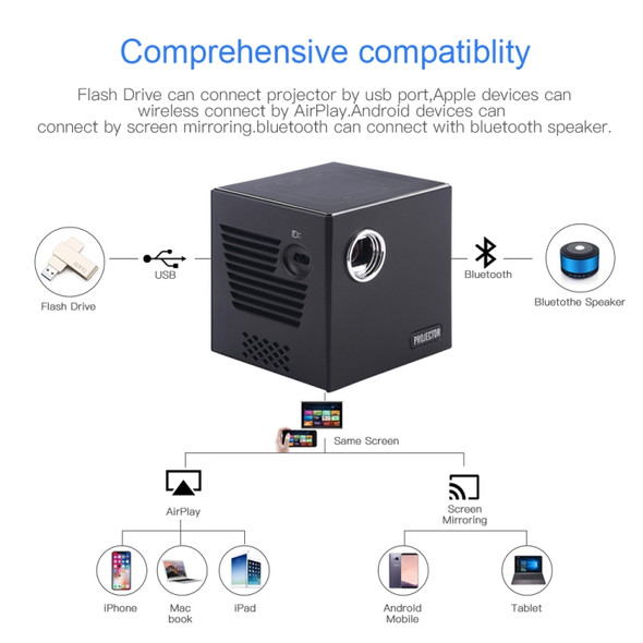 C80 DLP portable HD Projector 120-inch Giant Screen Projector Blu-ray 4K, Android 7.1.2, 2GB + 16GB US Plug